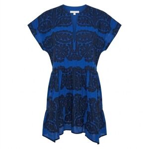 Zara MEDIUM Blue Embroidered Cotton Mini Dress Short Sleeve Tiered
